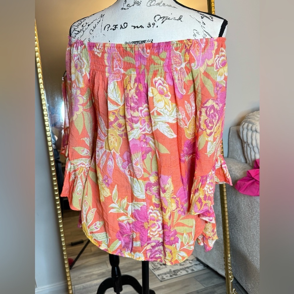 Mlle Gabrielle Vibrant Floral Blouse in Orange & Pink